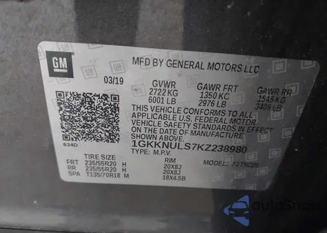 2019 GMC Acadia Slt-1 z USA, uszkodzony, nr VIN 1GKKNULS7KZ238980